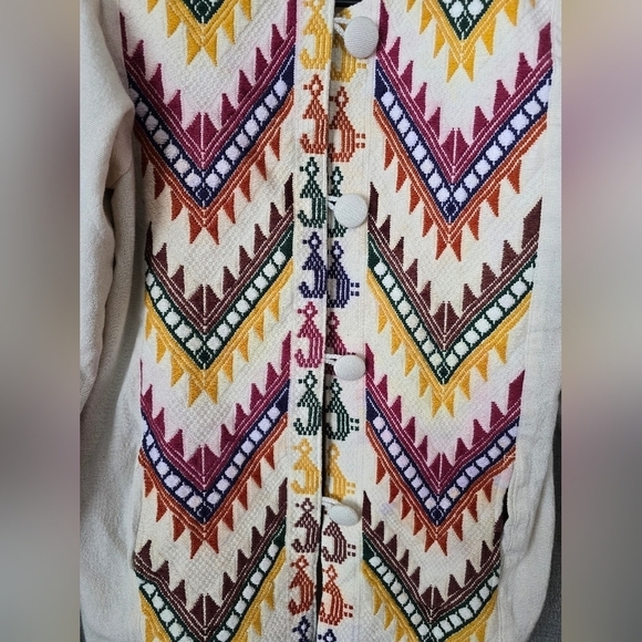 70s Mexican Linen Tapestry Jacket Womens Size M Aztec Chevron - Picture 2 of 6